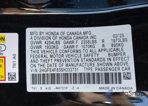 2025 Honda Civic Hybrid Sport/Sport Touring z USA, uszkodzony, nr VIN 2HGFE4F83SH333731